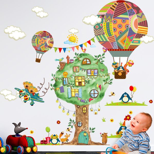 2pcs Cartoon Animaux Arbre Stickers Muraux Enfants Chambre Pépinière Montgolfière Stickers Muraux Écologique Amovible Affiche Décor À La Maison 201106