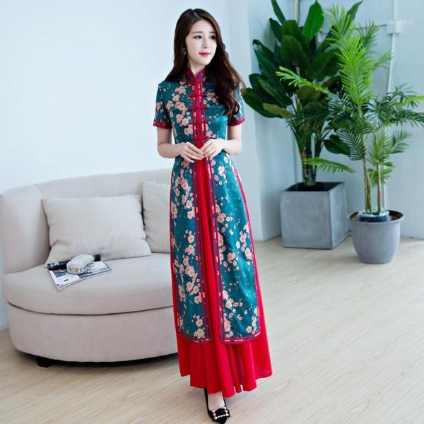 Ropa étnica 2 uds. Cheongsam vestido de verano para niñas ropa china tradicional delgada para mujer Qipao largo Q-161