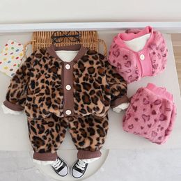 2 pièces mignon bébé garçons filles velours chaud printemps automne hiver vêtements ensembles enfants enfants épais léopard manteau costumes 240106