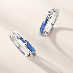 2pcs Dainty Sea Blue Meteoric Star Lover Couple Rings Matching Set Promise Mariage Moon Star Ring Bands pour lui et son X0715