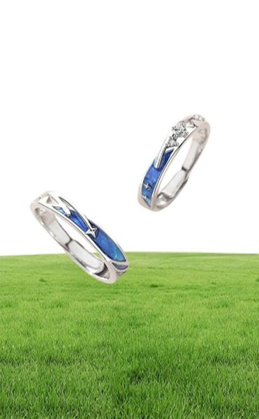 2Pcs Dainty Sea Blue Meteoric Star Lover Couple Rings Ensemble assorti Promesse de mariage Moon Star Ring Bands pour lui et elle X0715120774334101