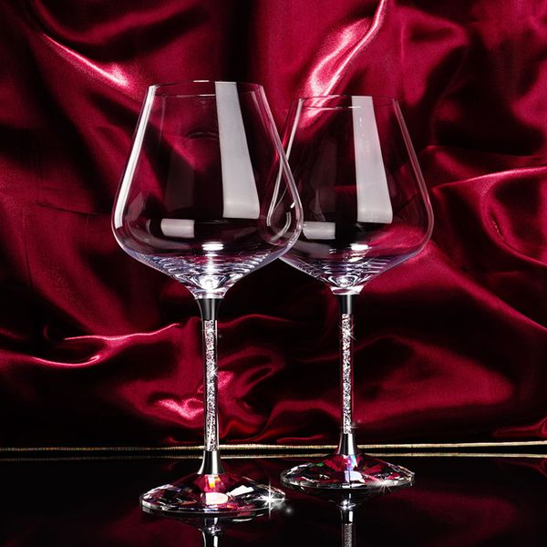 Copa de vino de entrega rápida, 2 uds., logotipo de boda, juego de copas de vino tinto personalizadas con tallo relleno de diamantes de imitación y cristal