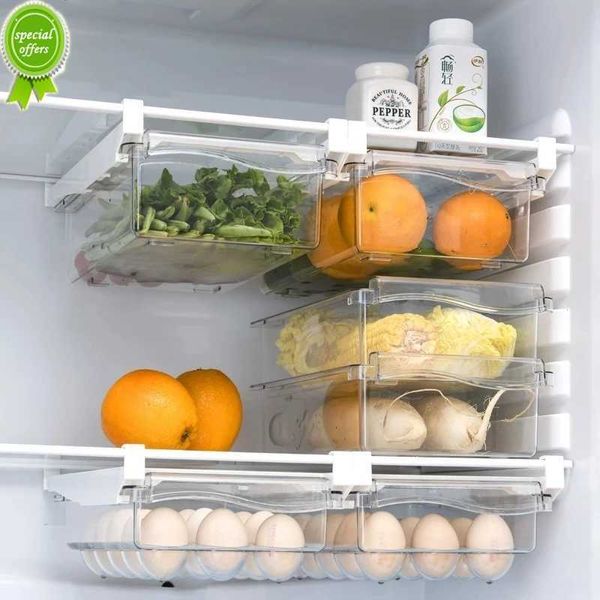 Organizador de nevera de 2 uds., caja de almacenamiento de alimentos y frutas, tobogán debajo del estante, cajón del refrigerador, estante, capa espaciadora fresca, estantes para huevos