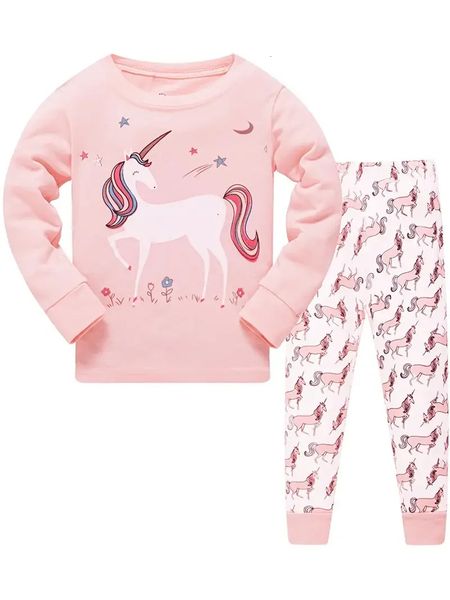 2 pièces filles décontracté dessin animé licorne imprimé col rond rose coton pyjama ensembles 231228