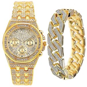 2pcs Bracelet de montre en or pour hommes chaîne cubaine mâle Bling glacé montre-bracelet de luxe Top marque femmes garçons horloge ensemble garçons d'honneur cadeau 240126