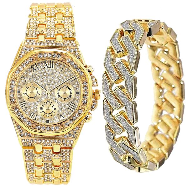 2 piezas reloj de pulsera de oro para hombres cadena cubana masculino Bling Iced Out reloj de pulsera de lujo de primeras marcas mujeres niños reloj conjunto regalo de padrinos de boda 240126