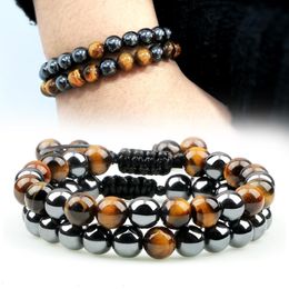 2pcs Hématite Tiger Eye Beads Stronrs Bracelets Handmade Ajustement Hommes Protection de santé Énergie Énergie Couple Distance Bangles Bijoux 243d