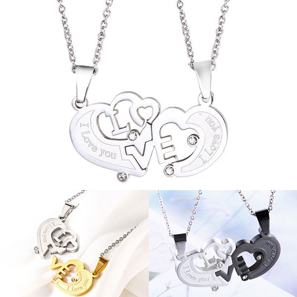 2pcs His Hers Collier Pendentif en Acier Inoxydable Je T'aime Coeur Strass Puzzle Correspondant Couple Saint Valentin Cadeau pour hommes femmes avec Chaîne de 50cm