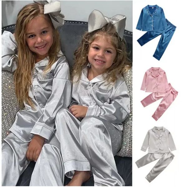 2pcs bébé bébé garçon fille pyjamas en satin de soie haut pantalon à manches longues solide boutonné pyjamas satin ensemble chemise de nuit enfant vêtements de nuit 240118