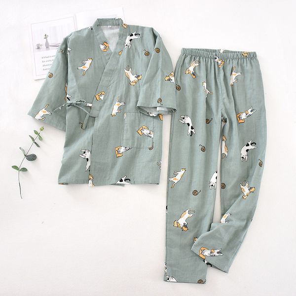 2 piezas Juego de ropa amante japonesa Kawaii Cat impreso Kimono Yukata Waputing Wear Pajamas Hombre Mujer Baballero Japón Japón