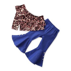 2 stks Kids Baby Girl Mode Outfit Party Clothes Set Slash Neck Leopard Ruffle Crop Tops Flared Blue Jeans Bell Bottom Outfit