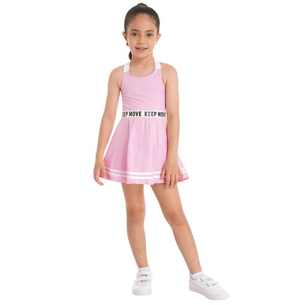 Traje deportivo de verano para niñas, 2 uds., vestido de tenis de bádminton, vestido informal sin mangas con estampado de letras, vestido acampanado + conjunto de pantalones cortos para correr en el gimnasio