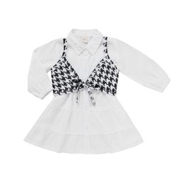 2 stks Kids Summer Outfit Solid Color Lantern Sleeves Shirt Jurk + Plaid Braces Vest voor meisjes 9 maanden tot 5 jaar Q0716