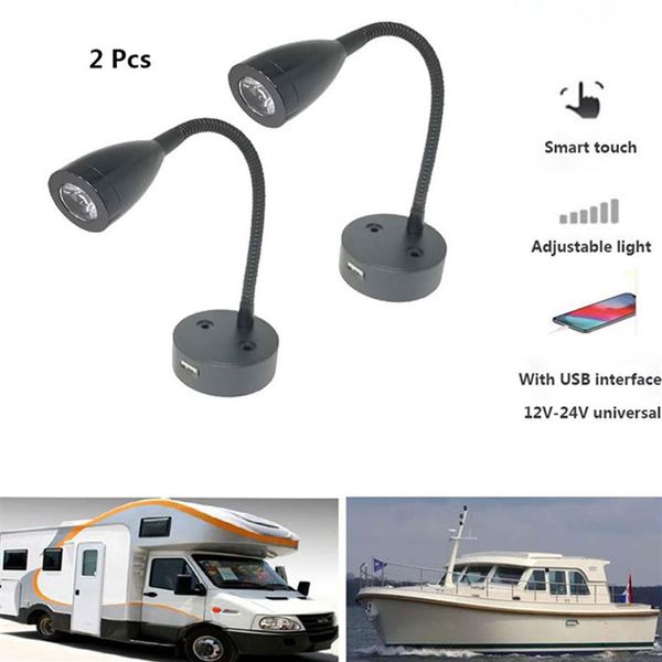 Lámpara de pared de cuello de cisne Flexible, regulable, táctil inteligente, Luz de Lectura LED de 12V y 24V para autocaravana, cabina de yate con cargador USB Port2756, 2 uds.