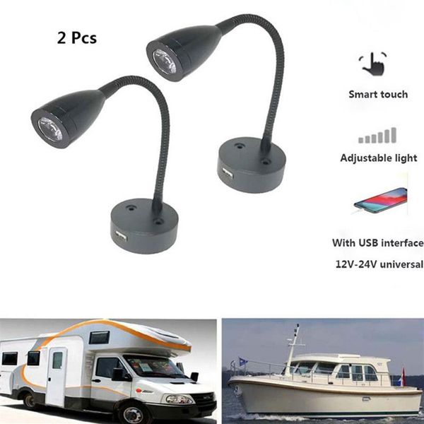 Lampe de lecture LED à col de cygne, 2 pièces, 12V 24V, tactile intelligent, variable, Flexible, lampe murale pour camping-car, cabine de Yacht, avec chargeur USB, Port259L
