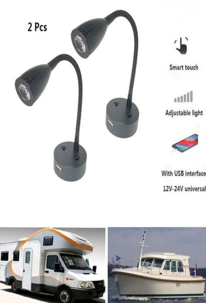 Luz de lectura LED de 2pcs 12V 24V Toque inteligente Lámpara de pared de cuello de cisne flexible para la cabina de yates de autocaravana con cargador USB Port9010267