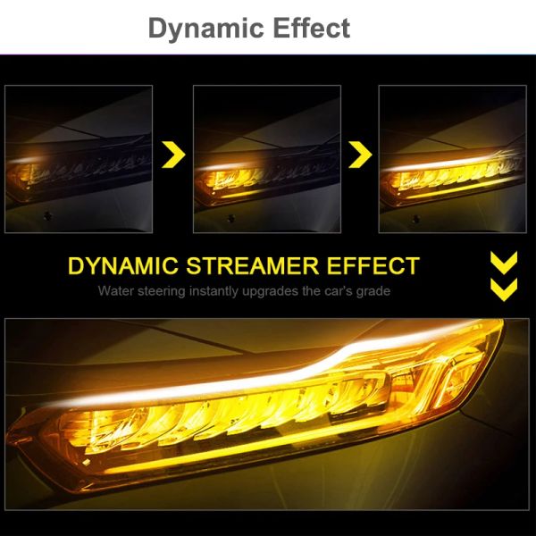 2 piezas LED Giro Luces de señalización de la señal Flexible Implaz de agua Lámparas de carreras de carrera Drl Dinámica amarillo para los faros delanteros del automóvil