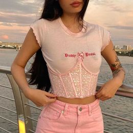 2 PCS Lettre Broderie Femmes Sequin Corset Top Cultures T-shirt À Manches Courtes Moulante Sexy D'été Maille Mince Crop Top Streetwear 210709