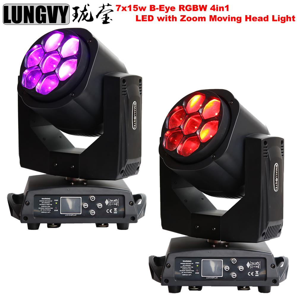 2 pçs / lote Eye Bee 7 * 15W RGBW 4IN1 Zoom LED Moving Head Light DMX512 Estágio Profissional DJ Iluminação