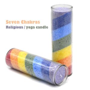 2pcs / lot bougie magique religieuse colorée bougie d'église en verre de divination religieuse sept couches chakra arc-en-ciel bougie votive de 3 jours L262l