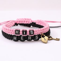 2 STKS / PARTIJ NIEUWE HERS EN ZIJN BRIEF Letter Charm Liefhebbers Armbanden voor Vrouwen Mannen Vintage Sleutel Lock Gevlochten Touw Bangle Fashion Paar Sieraden