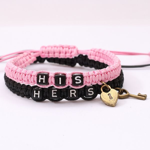 2 unids / lote New Hers and His Letter Charm Amantes pulseras Para mujeres Hombres vintage Key lock Cuerda trenzada Brazalete Moda Pareja Joyería