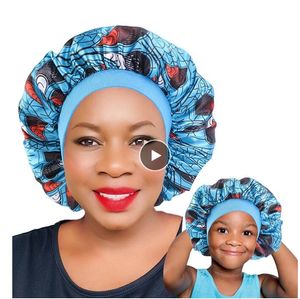 2 pièces/lot Satin Bonnet bonnet de sommeil maman et moi fille imprimé africain enfant Turban couverture de cheveux bébé chapeau cheveux accessoires