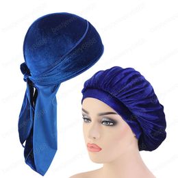 2 unids/lote Unisex de cola larga de terciopelo Durag y conjunto con gorro mujeres gorro de dormir Doo trapo Bandana transpirable sombrero de quimio