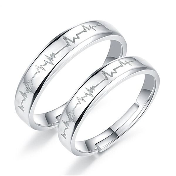 2 pièces amour coeur électrocardiogramme Couple anneaux réglables pour amoureux saint valentin cadeau argent fiançailles bague de mariage ensemble