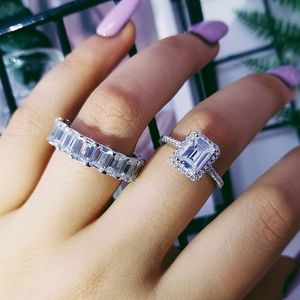 2 stks luxe sieraden 925 sterling zilveren prinses gesneden wit topaz edelstenen eeuwigheid vrouwen bruiloft bruids paar ring set voor minnaar cadeau