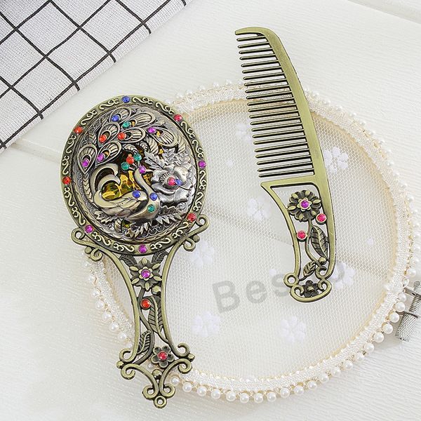 2pcs miroir de maquillage peigne ensembles de maquillage rétro à main en métal Miroir chinois style vintage cosmétique Miroirs cadeau femmes outil de beauté DBC BH2751