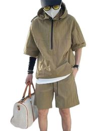 2PCS Men Men Summer Shorts Set Set Hooded T-shirt Zipped Matching Solid Cargo de grande taille Contrôle Casual Clothes 4xl Vêtements mâles Y240506