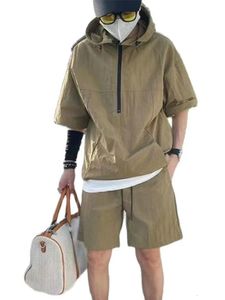 2PCS Men Summer Shorts de survêtement Set t-shirt à capuche zippé de cargaison solide assortie