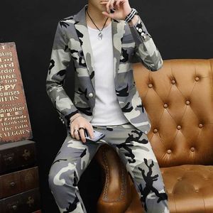 2 stks heren camouflage witte revers kraag one knop jas pakken blazer broek lange broek slim fit cowboy 3 kleuren jongens 2021 x0909