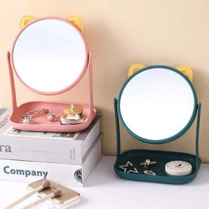 Lot de 2 miroirs de maquillage mignons avec rangement, miroir de courtoisie de bureau, miroir cosmétique de forme ronde rotatif à 360° avec plateau, cadeaux de Noël pour femmes