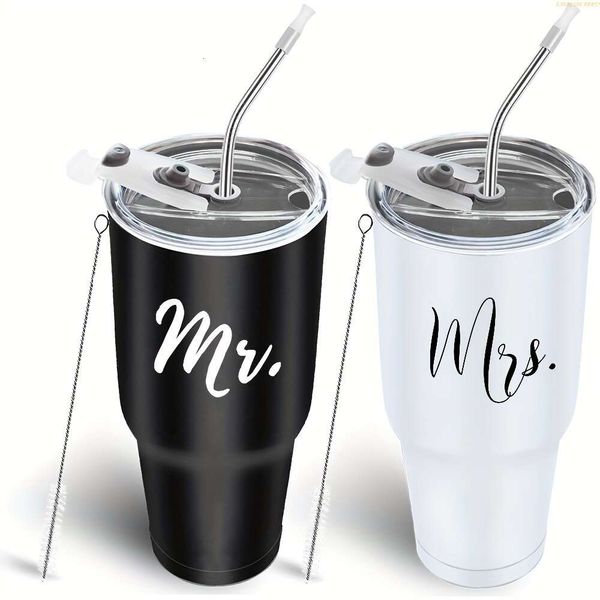 2pcs, Mr et Mme Car Cups, gobelets en acier inoxydable, jeunes mariés, couples, épouse, mariée à être, douche nuptiale nouvellement engagée, gobelet de voyage isolé pour le mariage