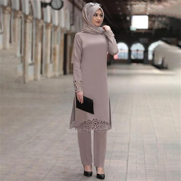 2PCS Moslim Abaya Jurk Islamitische Turkse Dubai Vrouw Solid Lange Mouw Kaftan Dame Elegante Kant Midden-oosten Kleding set269T