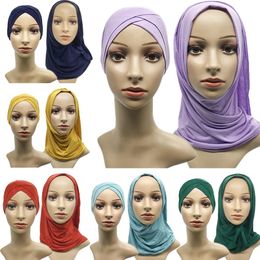 2pcs Femmes musulmanes Inner Capes de hijab Stretch Soulignement Cross Cross Cross + Hijab Femelle Turban Wear Wear Hat Hathet Bonnet Hat