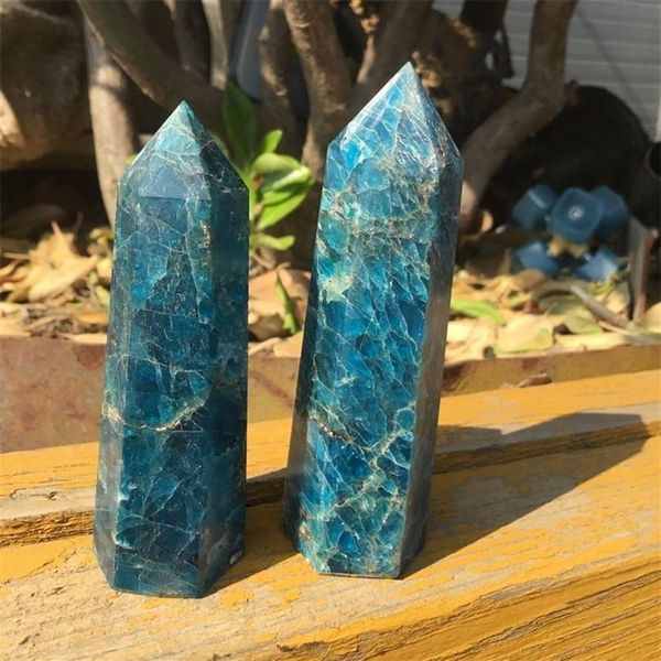 Baguette en cristal d'apatite bleue naturelle, 2 pièces, pierre à point unique pour la guérison, T200117251j