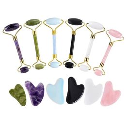 2pcs Natural Jade Stone Jade Roller Guasha Massager Gouache Scraper pour le visage Black Obsidian Rose Quartz Gua Sha Board Skin Care