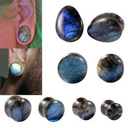 2 stks Natuurlijke Labradoriet Steen Waterdrop Dubbele Effen uitlopende Plug Ronde Meter Ovale Oor Expander Body Piercing Sieraden