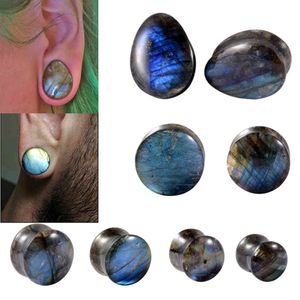 2 pièces naturel Labradorite pierre goutte d'eau Double solide bouchon évasé rond jauge ovale oreille extenseur corps Piercing bijoux