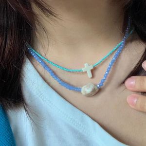 Colliers ras du cou en perles de rocaille de cristal bleu, 2 pièces, pendentif croix en pierre naturelle, bijoux à la mode pour femmes 2022