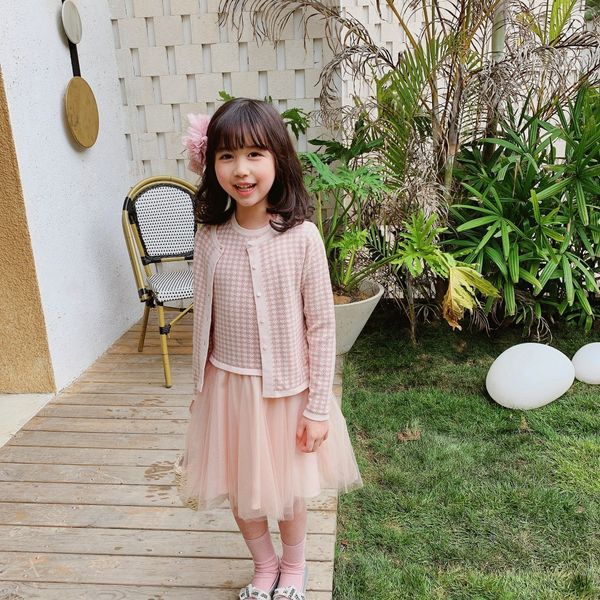 Conjuntos para niñas de otoño, cárdigan de punto rosa para niñas, conjunto de vestido, ropa para niños pequeños