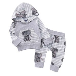 2 stks Pasgeboren Kostuum Set Baby Meisjes Jongen Hooded Olifant Gestreepte Tops Broek Trainingspak Broek Outfits Kleding Sets 210309