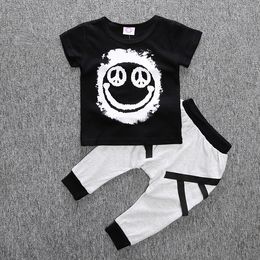 2 Stuks Pasgeboren Peuter Baby Boy Kleding Zwarte Print T-shirt Top Lange Broek Outfit Kids Zomer Katoenen Kleding Set 0-2Y