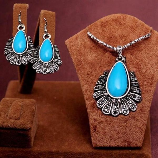 2 PCS Date Arrivée Romantique antique argent rouge vert bleu noir goutte d'eau perles Conception Collier Boucles D'oreilles Ensemble de Bijoux femmes'282p