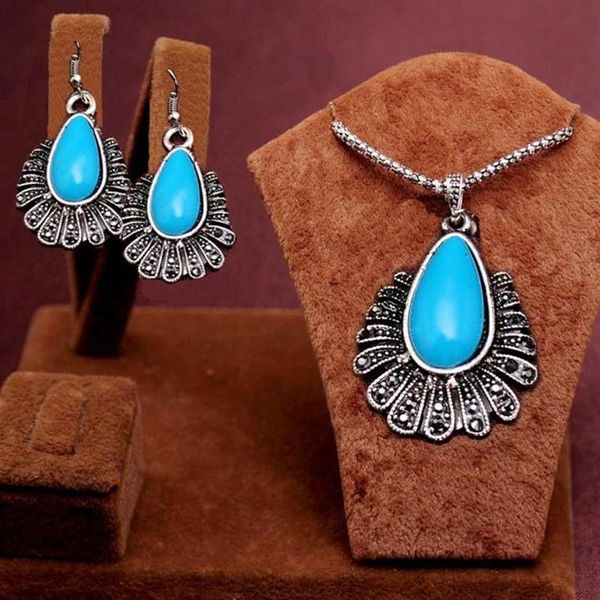 2 pièces nouvelle arrivée romantique antique argent rouge vert bleu noir goutte d'eau perles conception collier boucles d'oreilles ensemble de bijoux femmes 199s