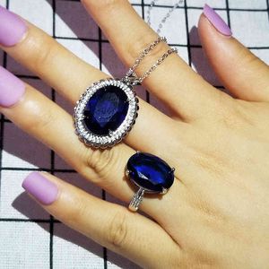 2pcs Pack 2021 Collier bleu Couleur Bleu Oval Open Bague Luxe Pour Femme Dame Anniversaire Cadeau Bijoux en vrac J5802