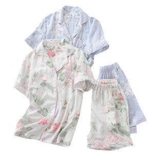 2 stks pyjama set vrouwen eenvoudige stijl nachtkleding zomer floral gedrukte turn-down kraag top + shorts comfort homewear set 211109